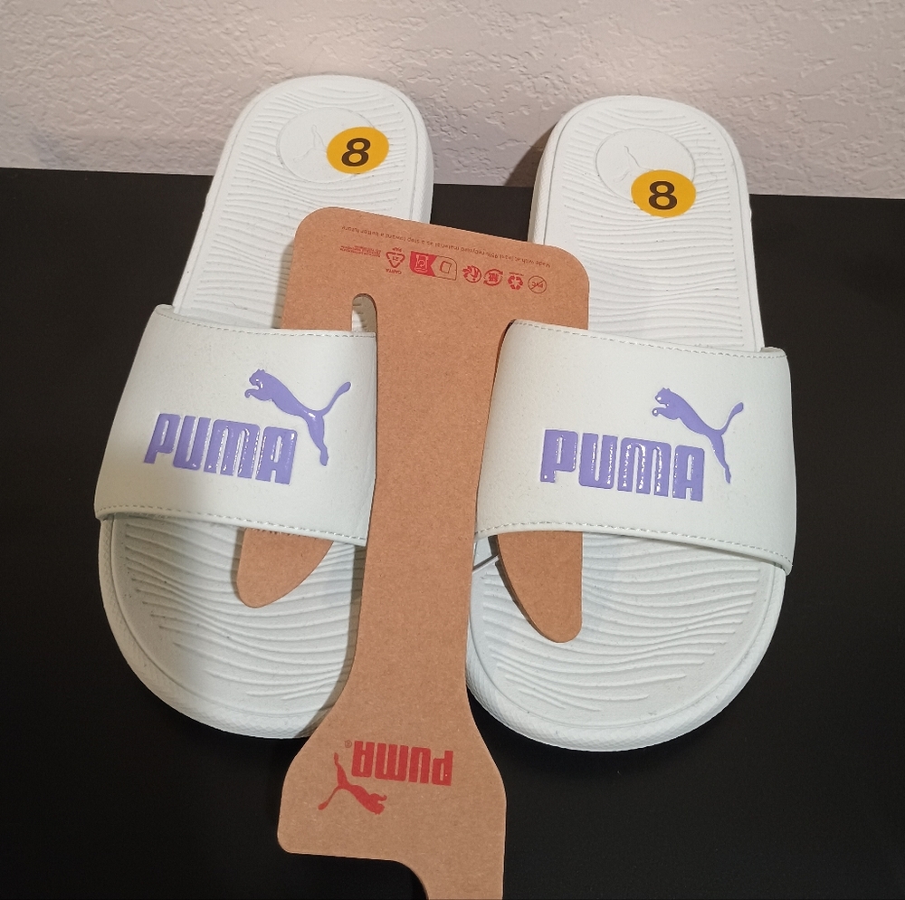 Puma Women's Blue and Purple Slide Sandals Size 8
